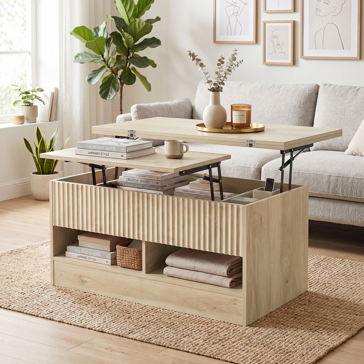 Lift-Top Coffee Table with Dual-Zone Expandable Top and Hidden Storage, Oak