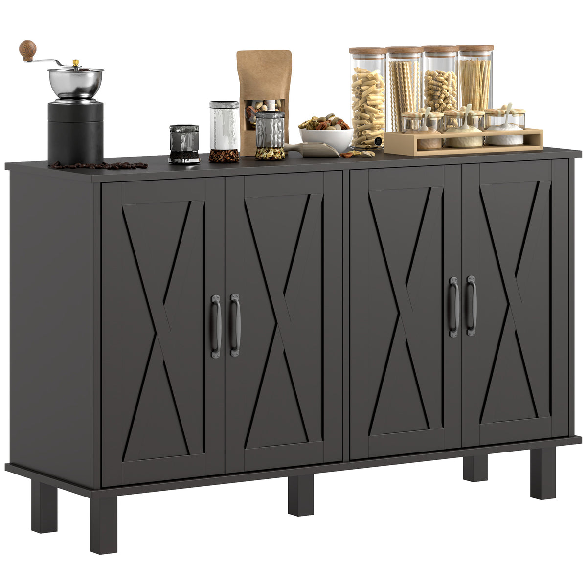 Kitchen Sideboard Cabinet with 4 Barn Doors and 2 Adjustable Shelves – 47"W x 30"H