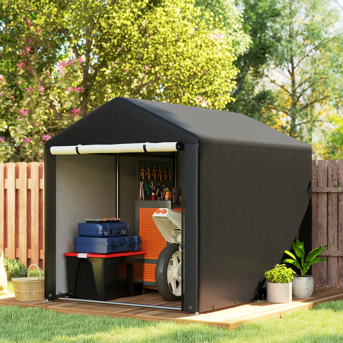 Portable Bicycle Shed with Galvanised Steel Frame and Large Door, Waterproof Outdoor Shed for Garden Tools – Black