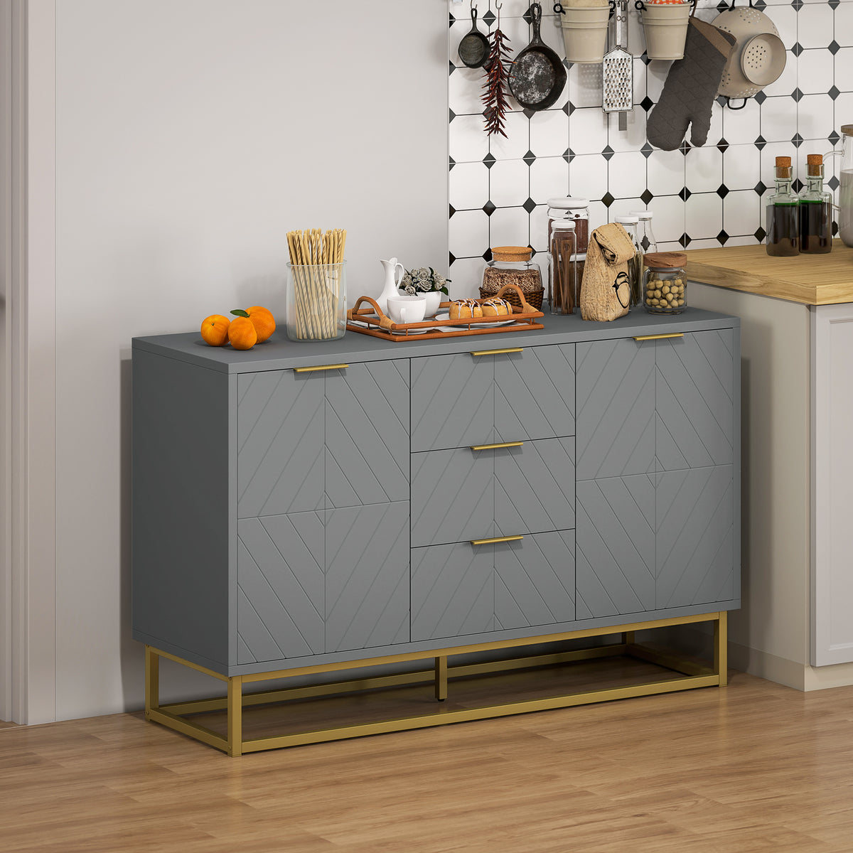 47" Sideboard with 3 Drawers and Gold Base, Grey