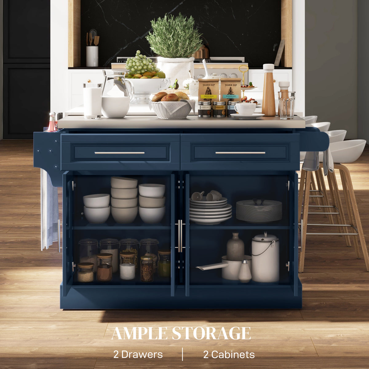 Rolling Kitchen Island with Stainless Steel Top – 57"W x 37"H