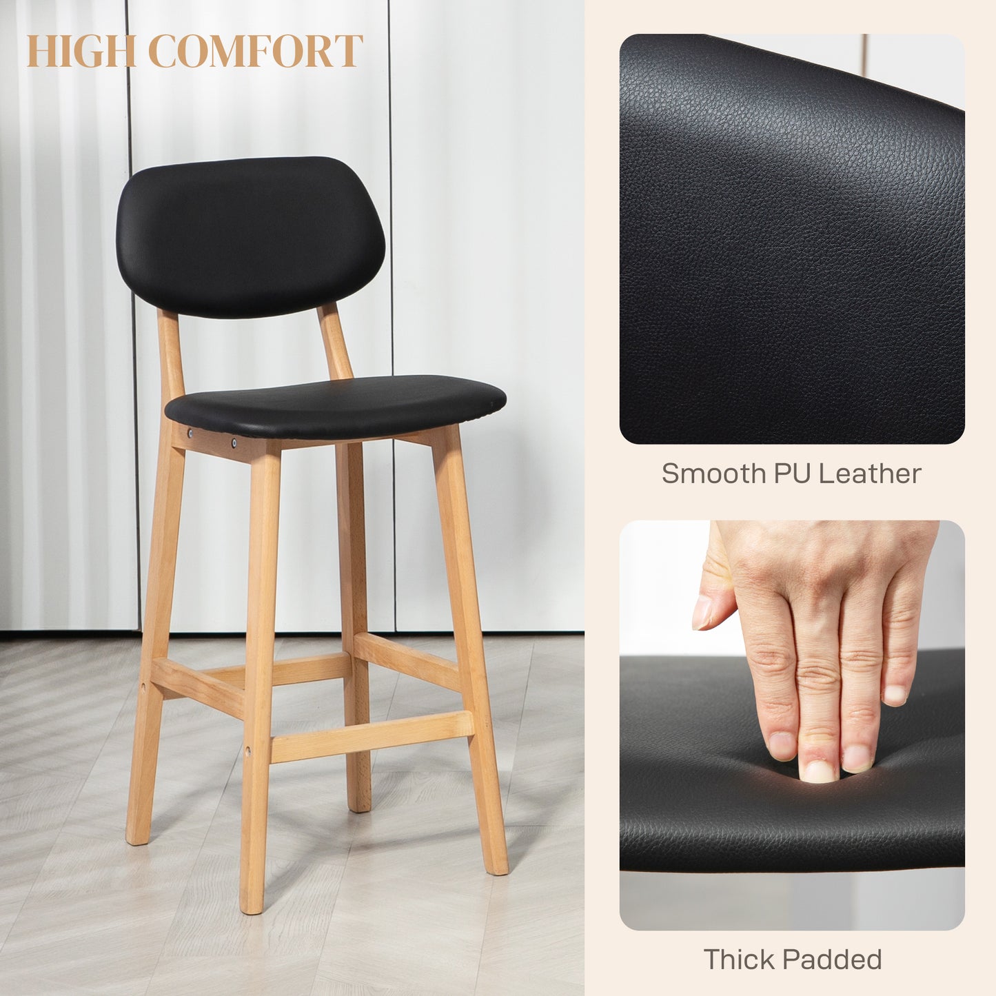 HOMCOM Set of 2 Black PU Leather Counter Height Bar Stools Solid Wood