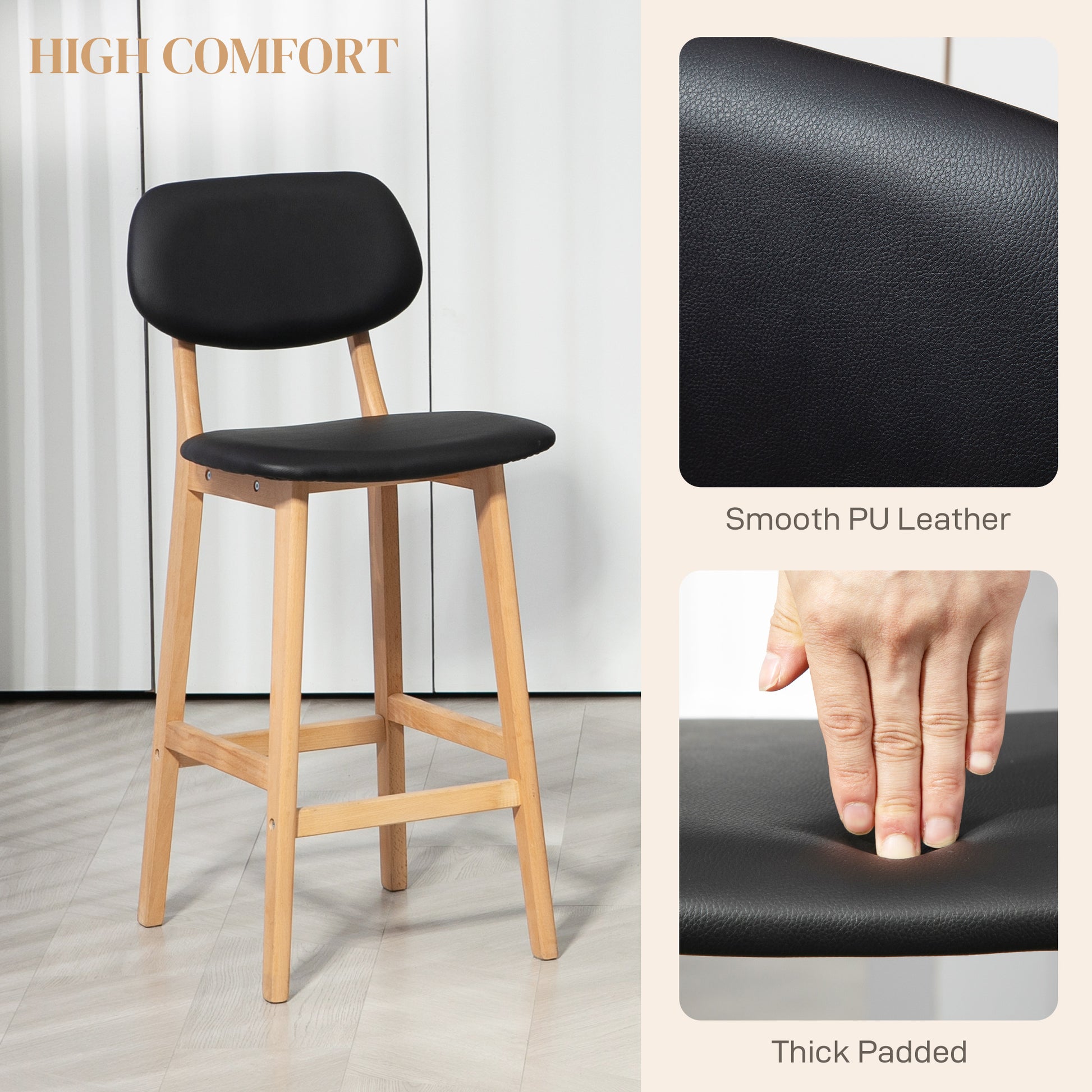 HOMCOM Set of 2 Black PU Leather Counter Height Bar Stools Solid Wood