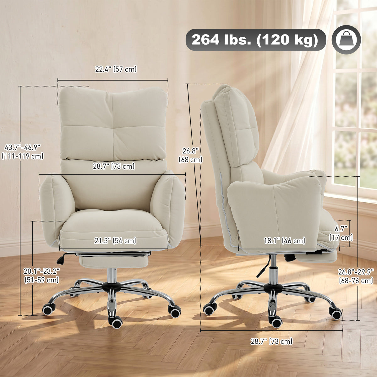 Office Chair with Footrest, Ergonomic Reclining Computer Gaming Chair with Snow Flannel Fabric, Cream
