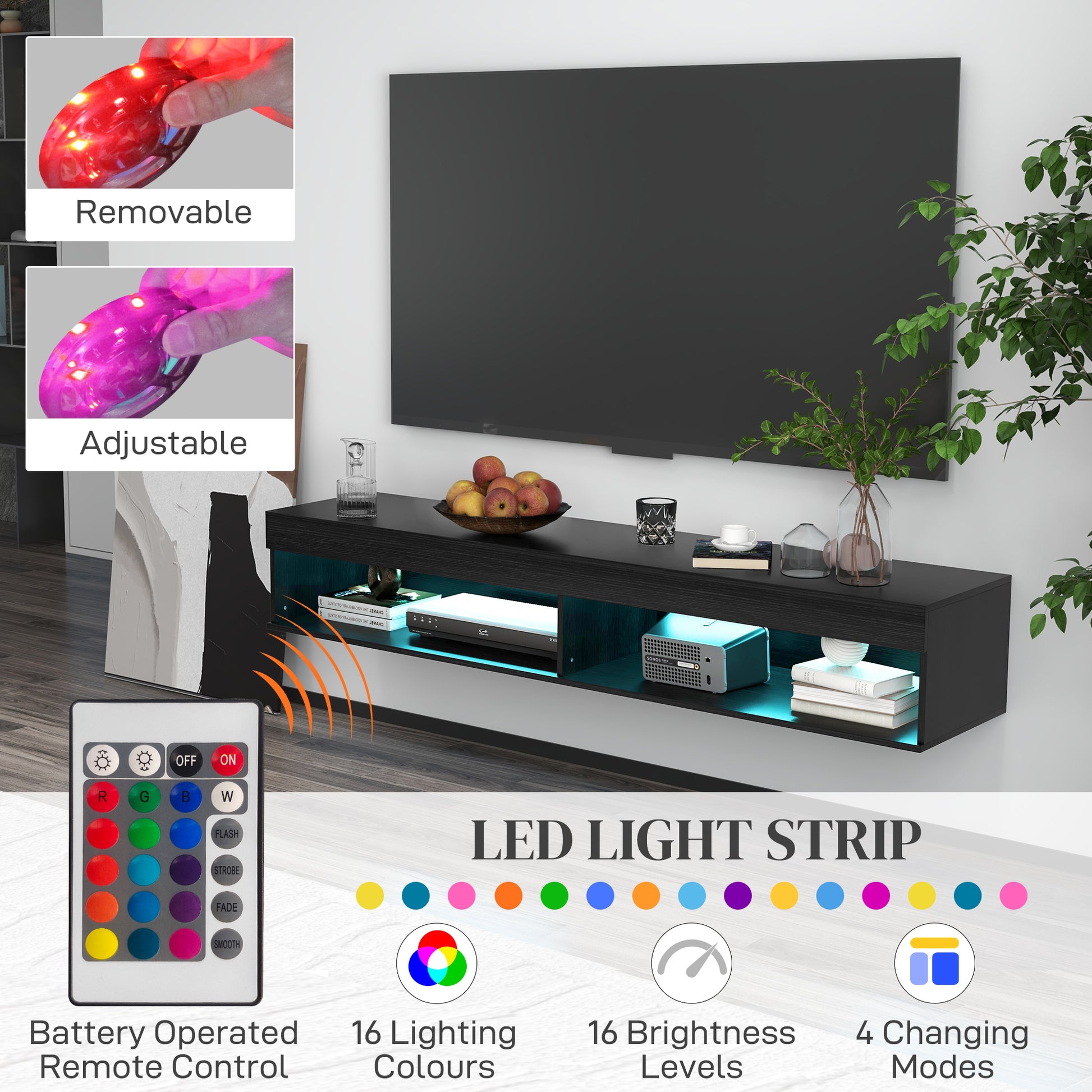 HOMCOM Modern Floating Wall Mounted TV Stand with LED Lights, Storage, Black