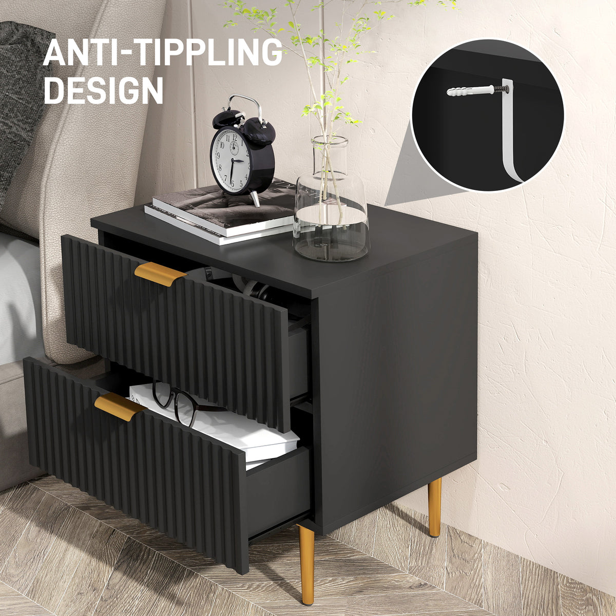 Modern 2-Drawer Nightstand with Metal Legs – 19"W x 22"H