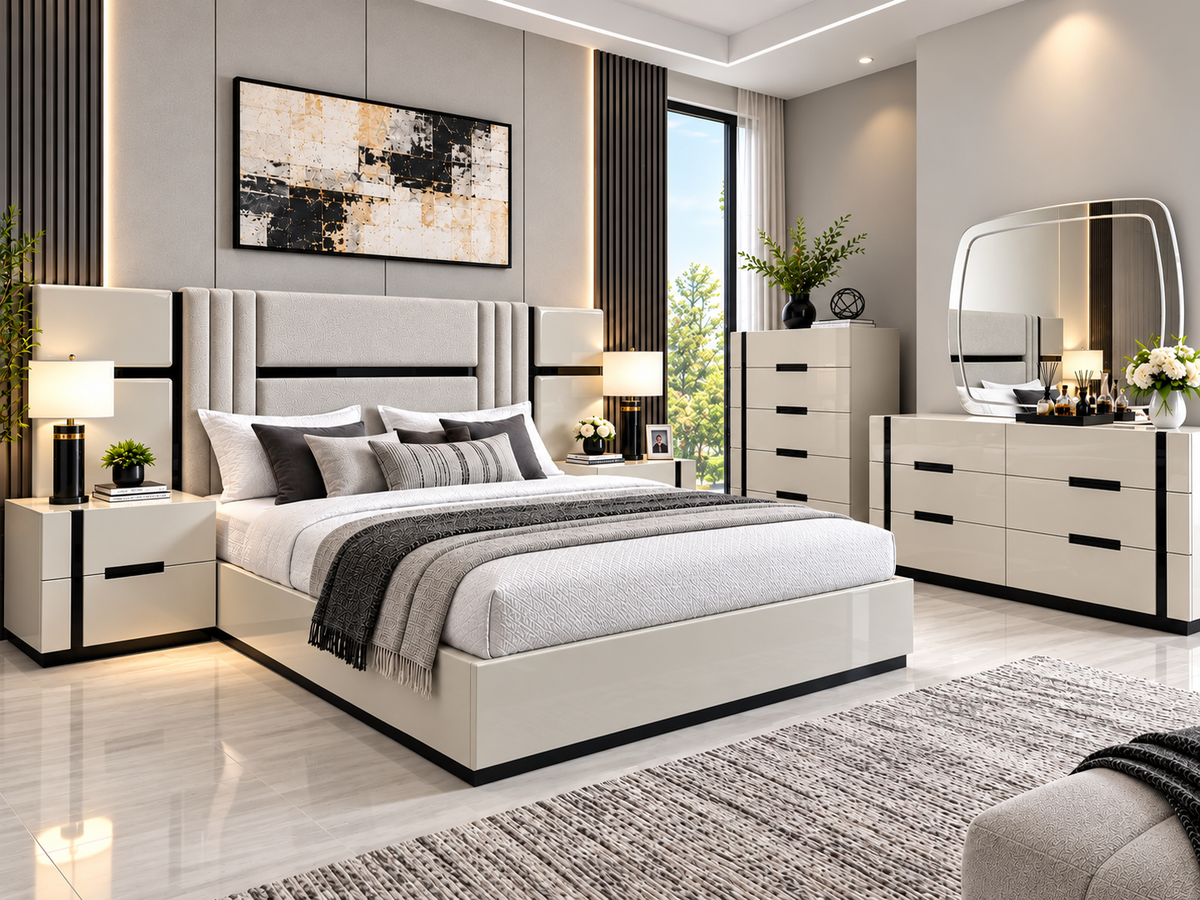 Nando Panel Bedroom Set – Modern White Queen & King Bedroom Collection