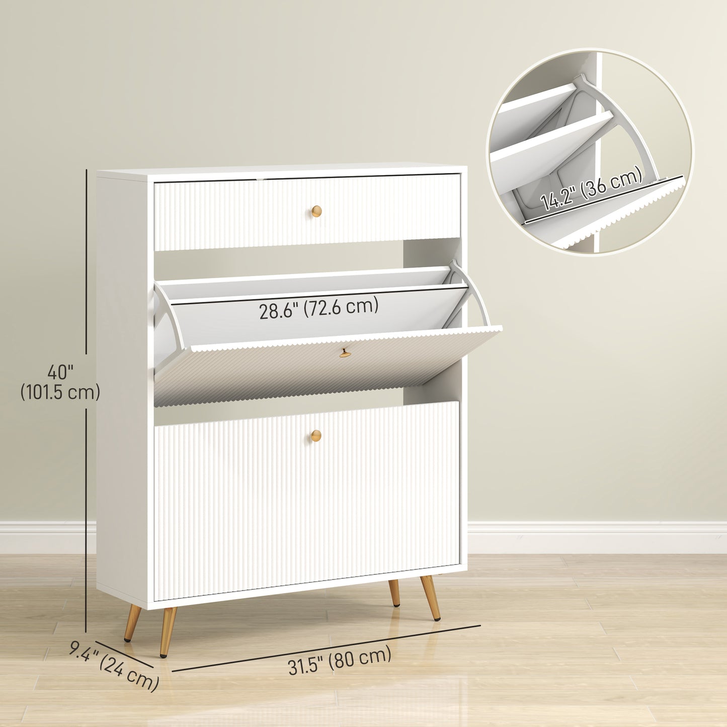 Narrow Shoe Storage Cabinet with Wave-like Panels and Adjustable Shelves for 12 Pairs of Shoes, White