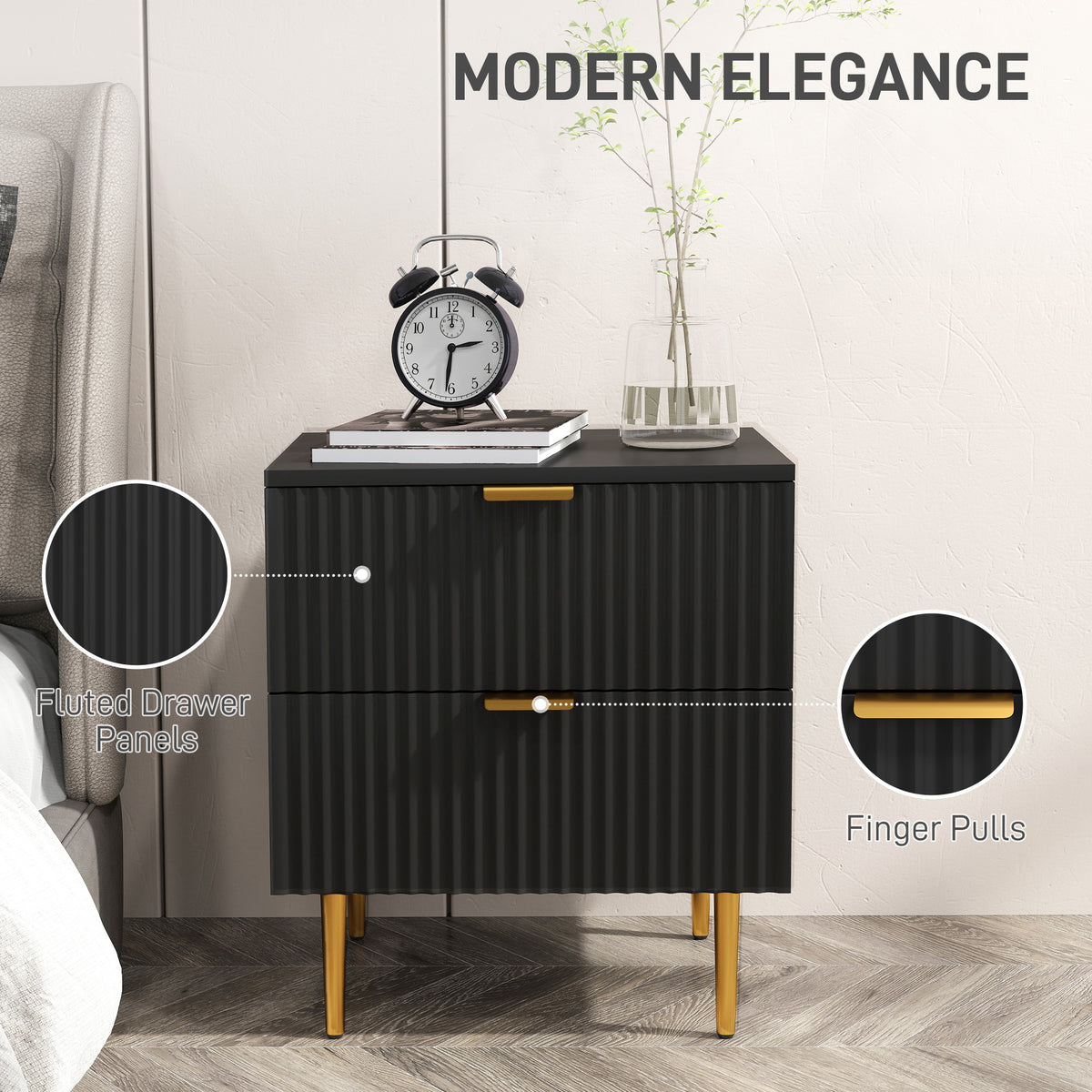 Modern 2-Drawer Nightstand with Metal Legs – 19"W x 22"H