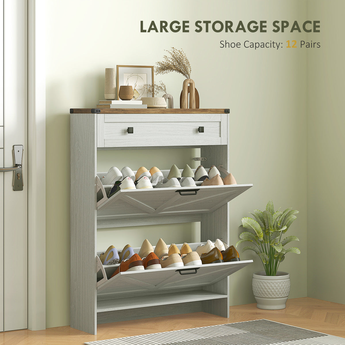 Farmhouse Narrow Shoe Cabinet with 2 Flip Drawers – 32"W x 43"H