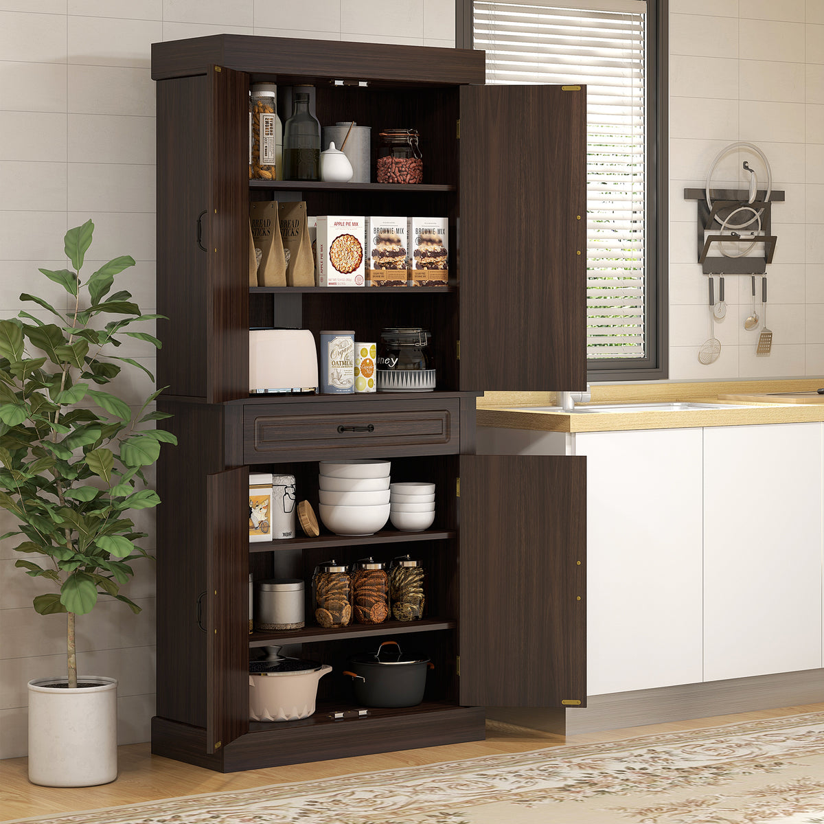 Freestanding Kitchen Pantry with 4 Doors and 2 Cabinets – 32"W x 71"H