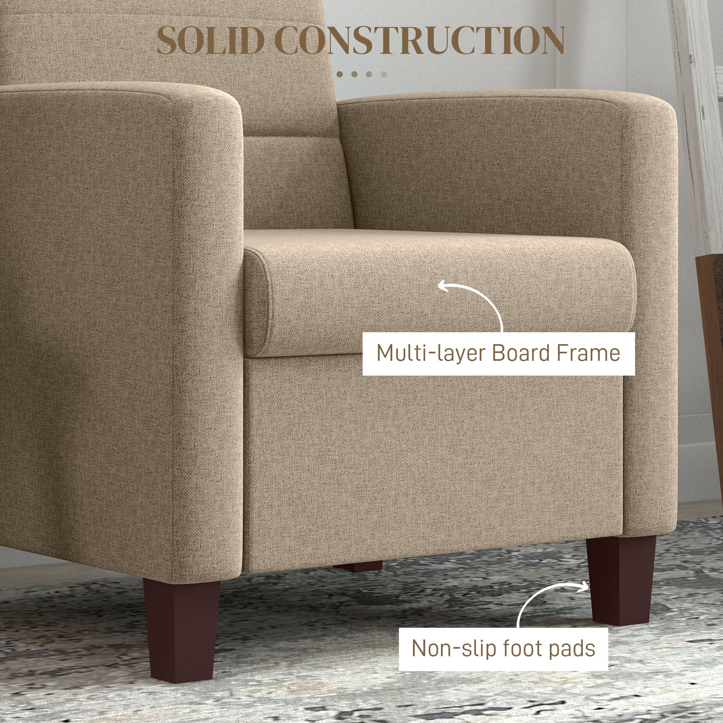 HOMCOM Modern Light Brown Fabric Accent Chair with Supportive Cushion and Non-Slip Pads