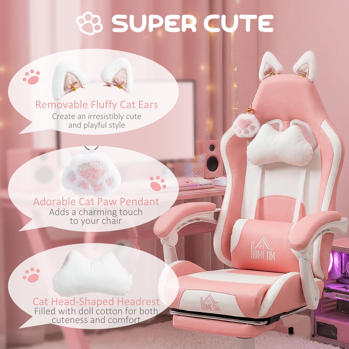 Cute Racing Gamer Chair, Faux Leather Gaming Chair with Footrest, Pink
