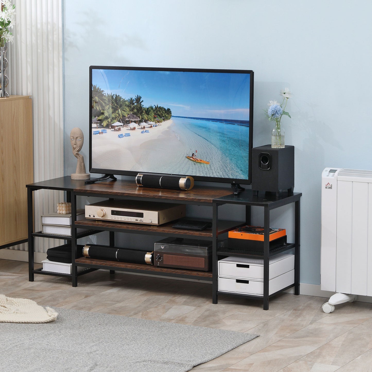 HOMCOM Rustic Industrial TV Stand for 65-inch TVs, Open Storage Console