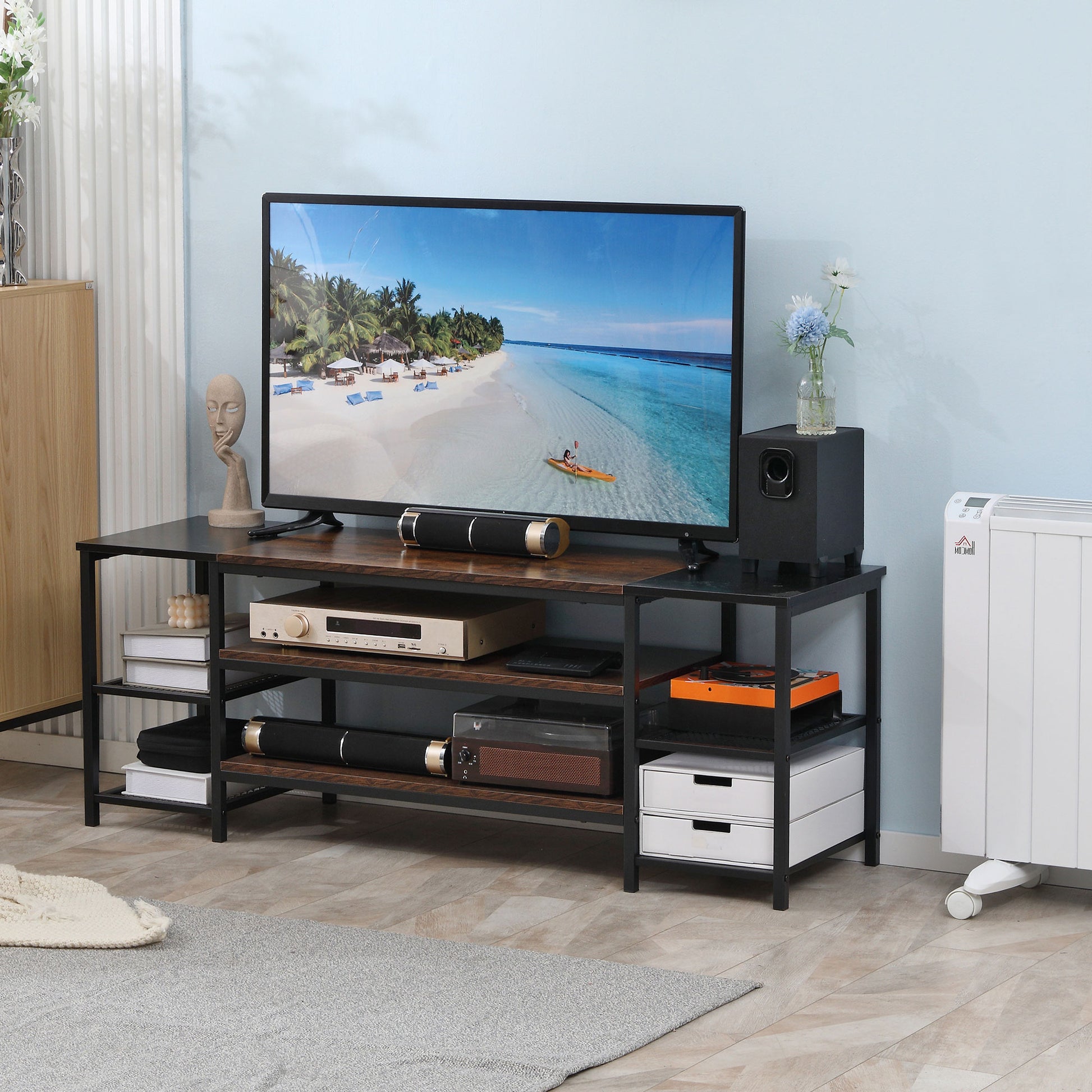 HOMCOM Rustic Industrial TV Stand for 65-inch TVs, Open Storage Console