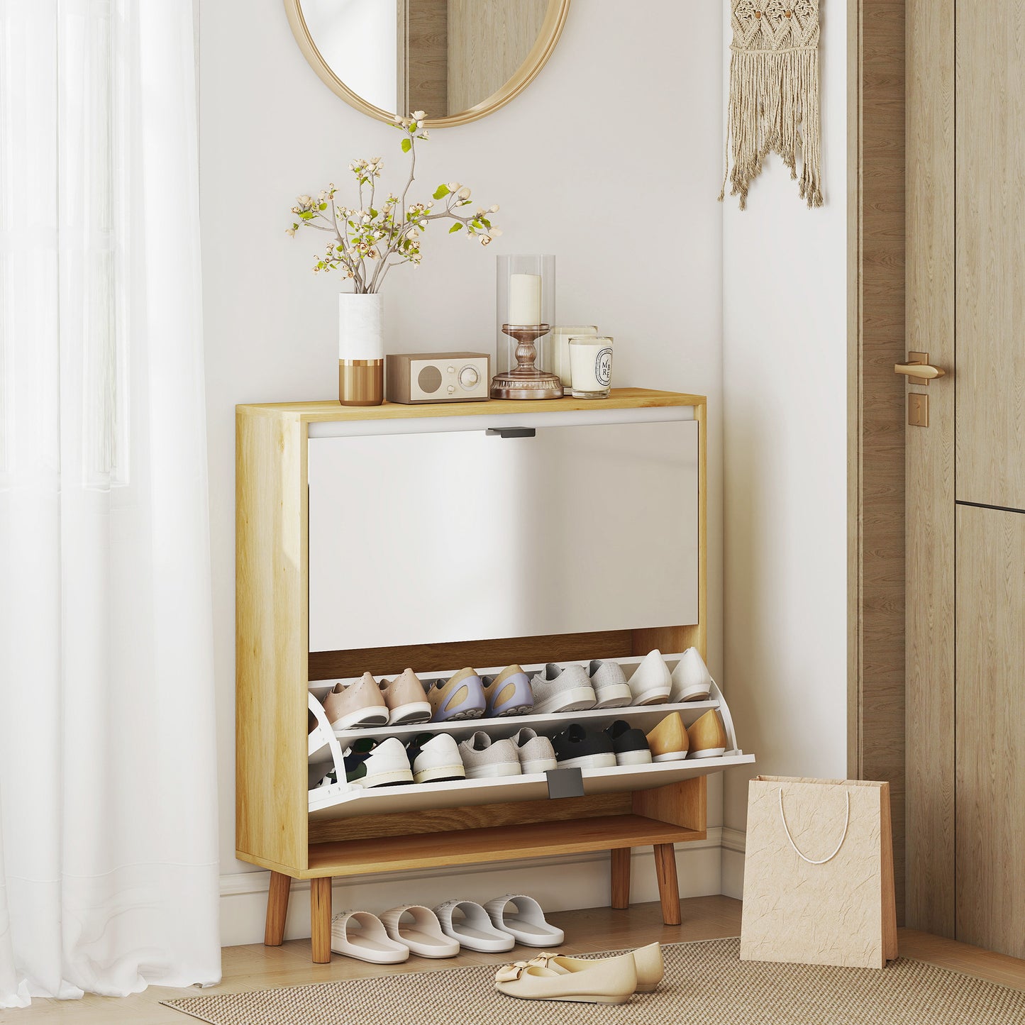 Space-Saving High Gloss White Shoe Cabinet, 2 Flip Drawers, Adjustable Shelves