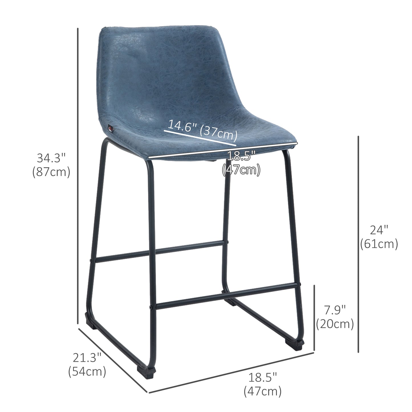 HOMCOM Vintage Blue PU Leather Counter Height Bar Stools with Footrests