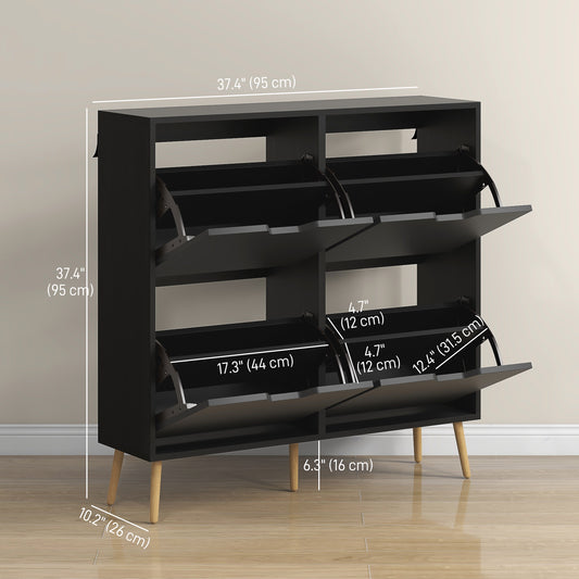 HOMCOM Modern Black Shoe Cabinet, 4 Flip Drawers, Adjustable 16-Pair Storage