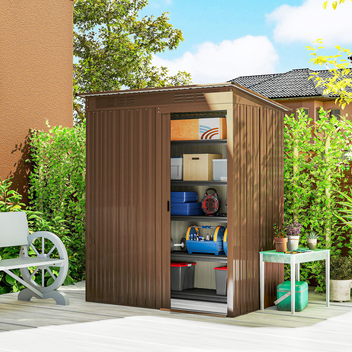 5.2' x 3.5' Outdoor Storage Shed, Easy to Assemble Metal Garden Shed, for Backyard, Lawn, Patio – Brown
