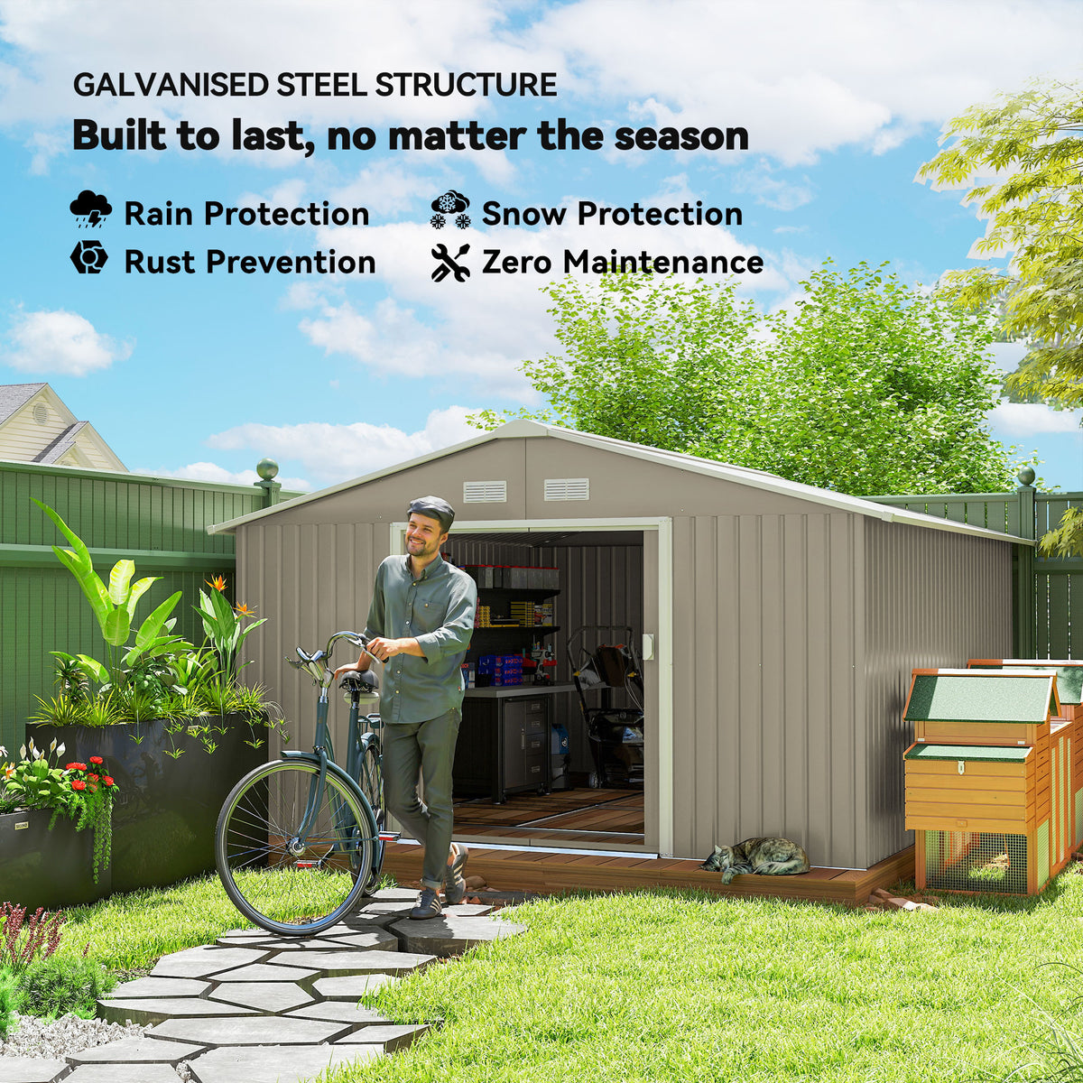 11' x 13'Garden Storage Shed w/ Foundation Kit Metal Tool Storage House w/ Double Doors – Light Grey