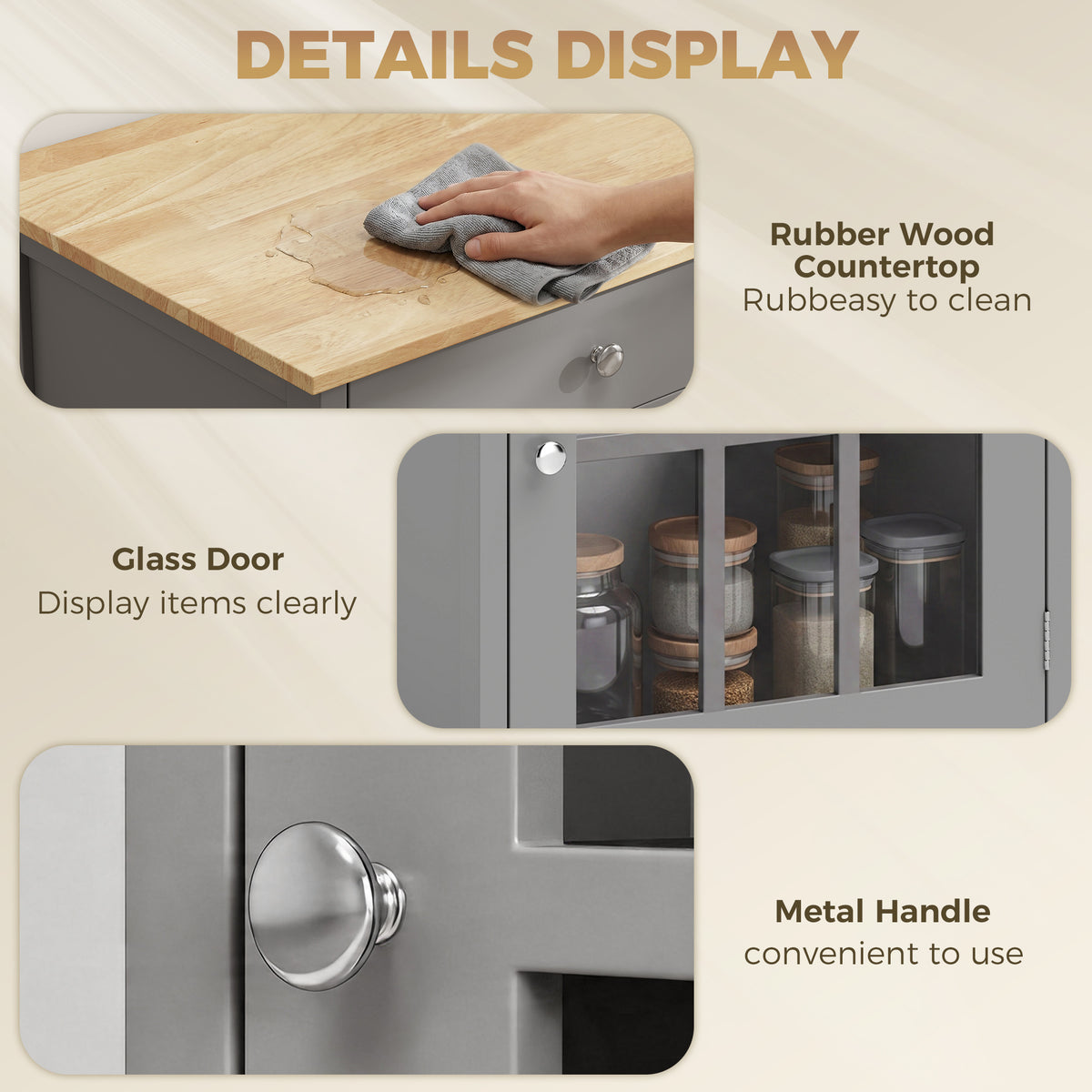 Rolling Kitchen Cart with Drawer and Glass Door Cabinet – 26"W x 34"H
