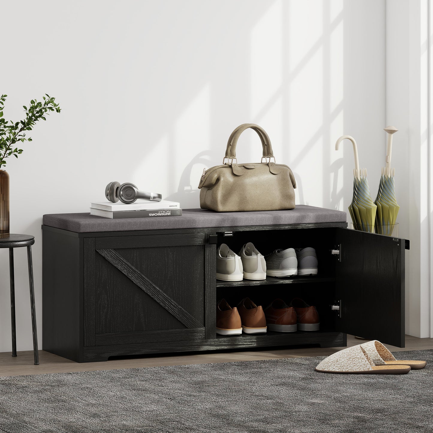 HOMCOM Entryway Shoe Storage Bench, Padded Seat, 8-Pair Organizer, Black Wood Grain