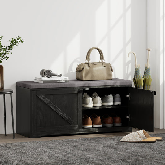 HOMCOM Entryway Shoe Storage Bench, Padded Seat, 8-Pair Organizer, Black Wood Grain