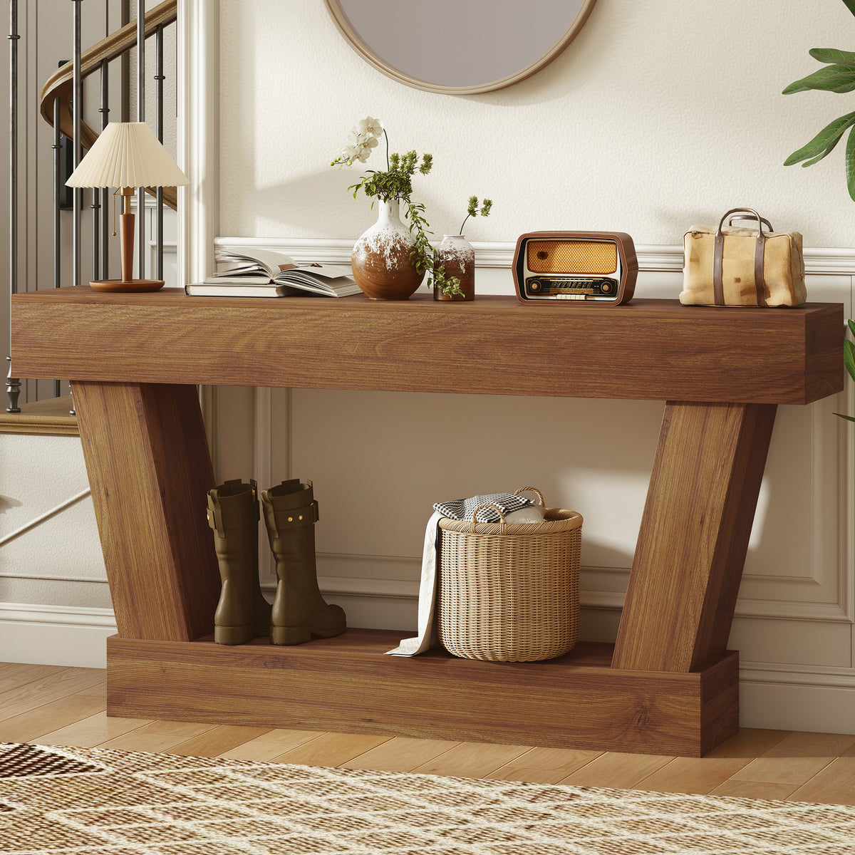 63" Vintage Console Table with Open Shelf, Dark Brown