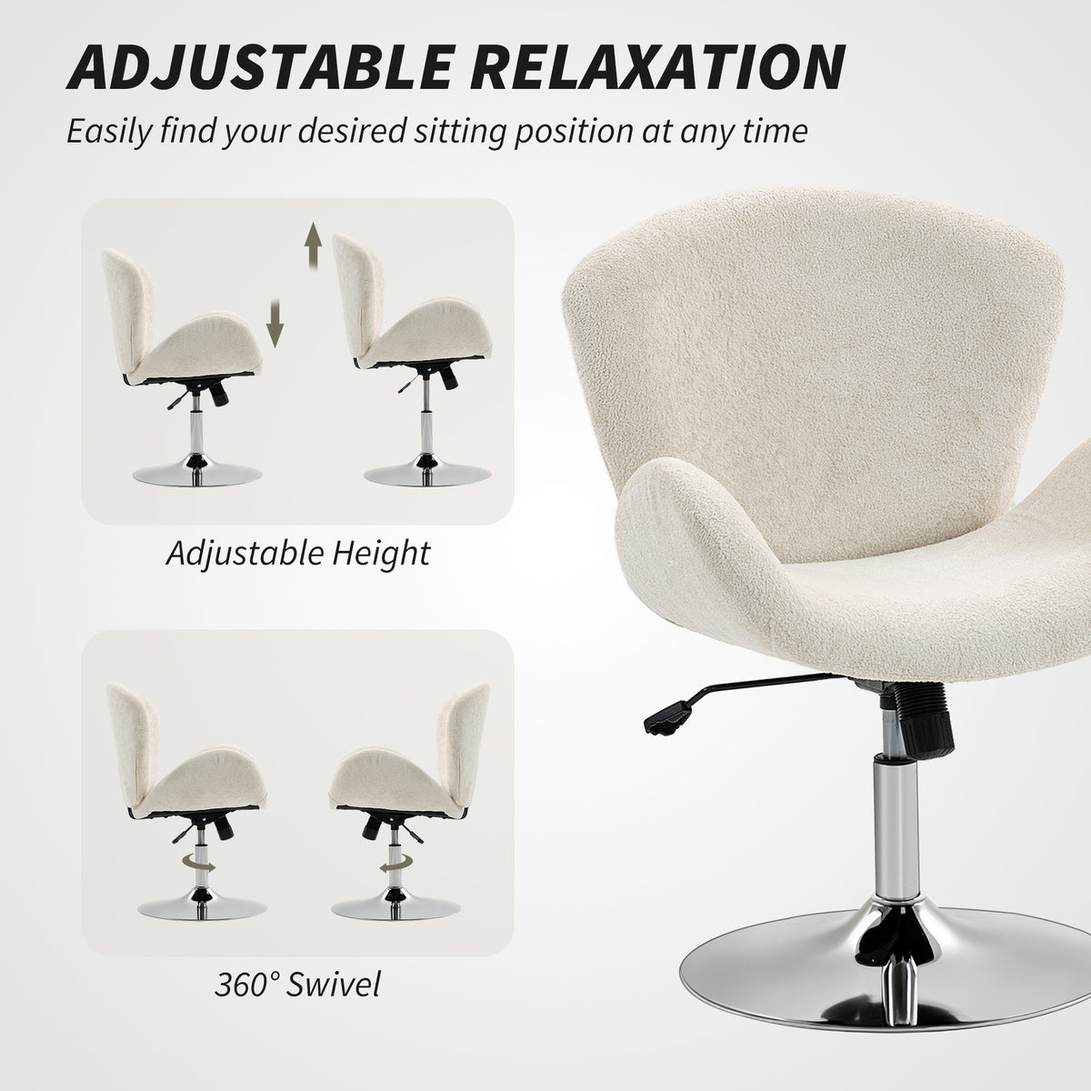 Swivel Office Chair, Velvet Desk Chair with Wide Bucket Seat, Butterfly Back, Cream White