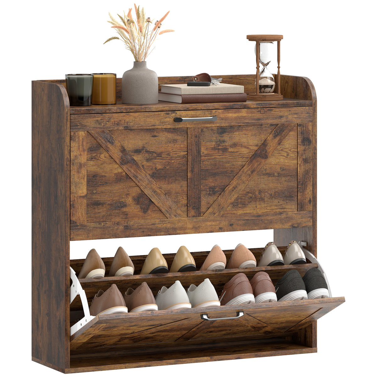 Farmhouse Shoe Cabinet with 2 Flip Drawers – 31"W x 34"H
