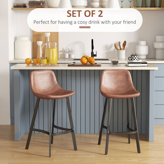 PU Leather Counter Stools with Curved Back and Steel Legs, Set of 2, Brown