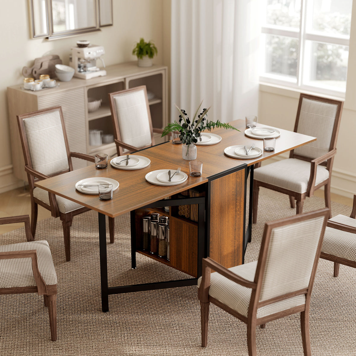 Multi-Use Foldable Dining Table with Hideaway Shelves, 66.5" Drop Leaf Table