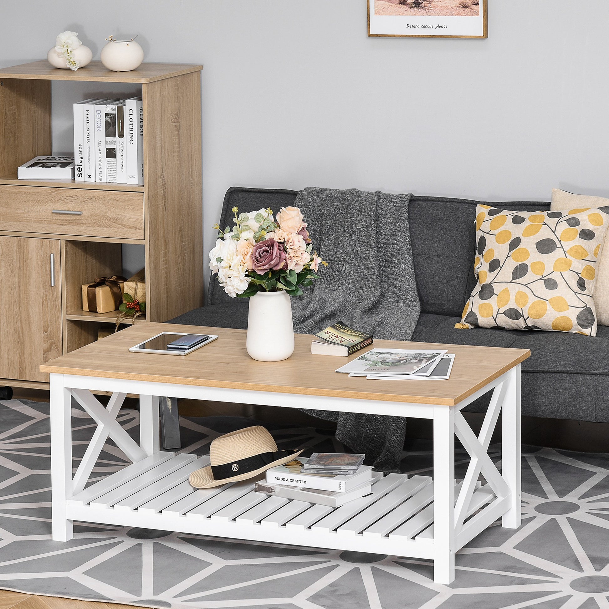 HOMCOM Farmhouse Coffee Table with Slatted Storage Shelf, X-Frame, White & Natural