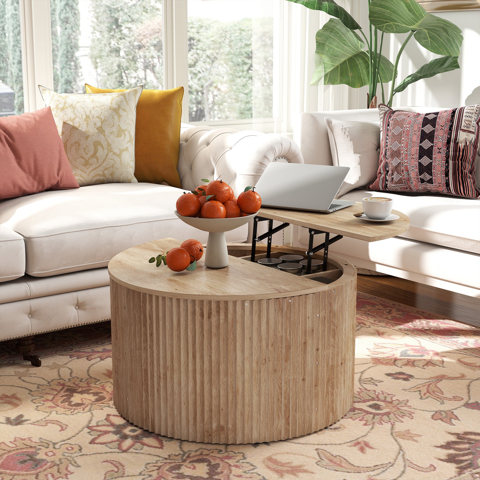 HOMCOM Round Lift Top Coffee Table 80cm Storage Natural Wood