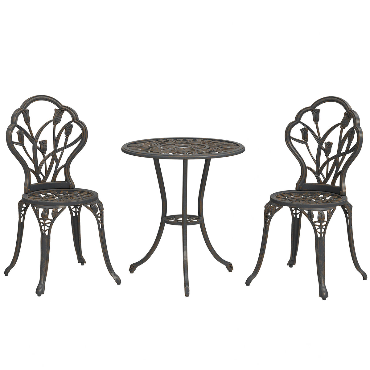 3PCs Patio Bistro Set, Outdoor Cast Aluminum Garden Table and Chairs with Umbrella Hole for Balcony, Bronze – Bronze