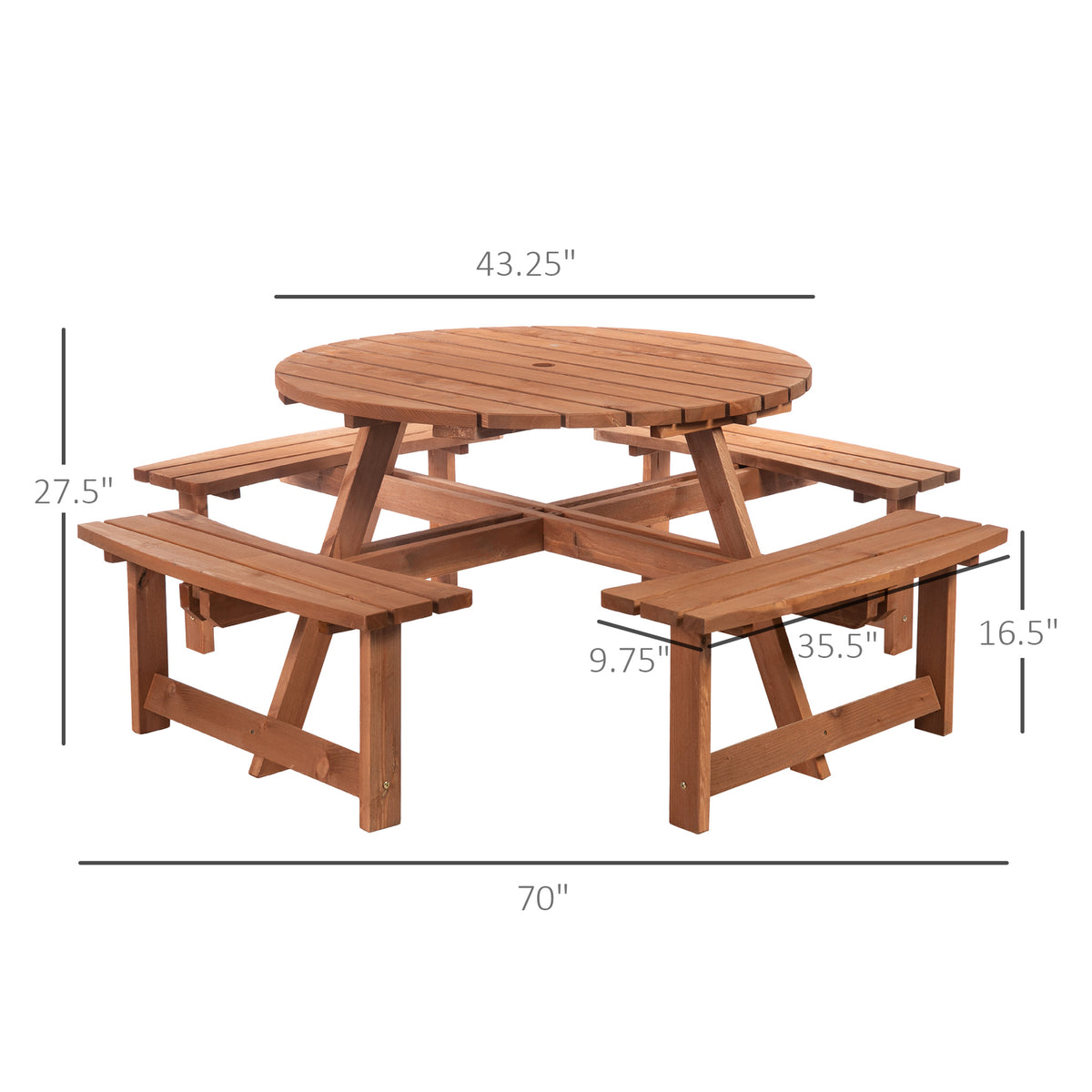 8 Seater Round Wooden Pub Bench & Picnic Table, Patio Dining Set for Outdoor Patio (Umbrella Not Included) – Brownish Red