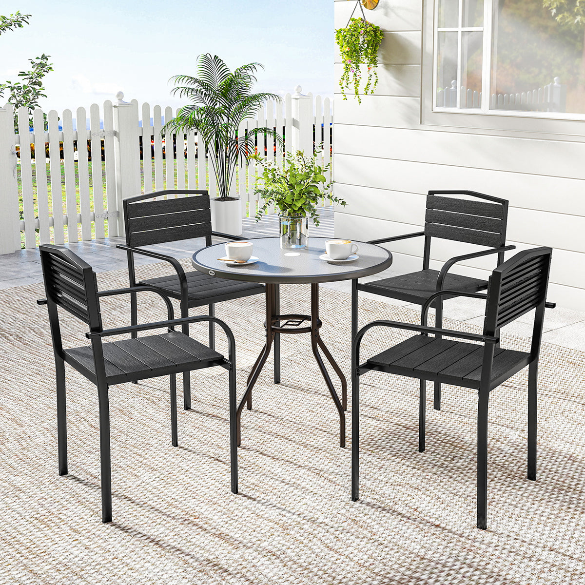 Stackable Patio Chairs Set of 4, Outdoor Dining Chairs with Slatted HDPE Seat, Armrests for Garden, Backyard