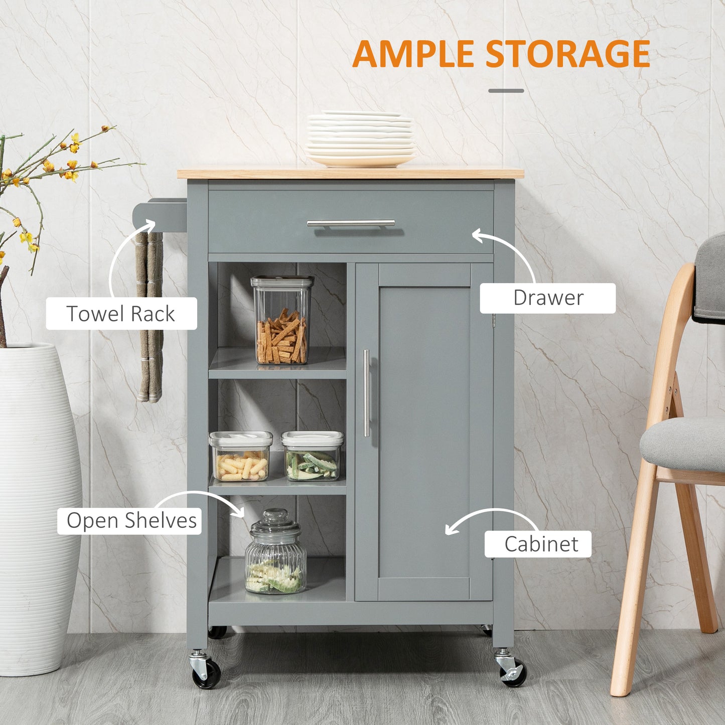 HOMCOM Compact Kitchen Utility Cart Grey