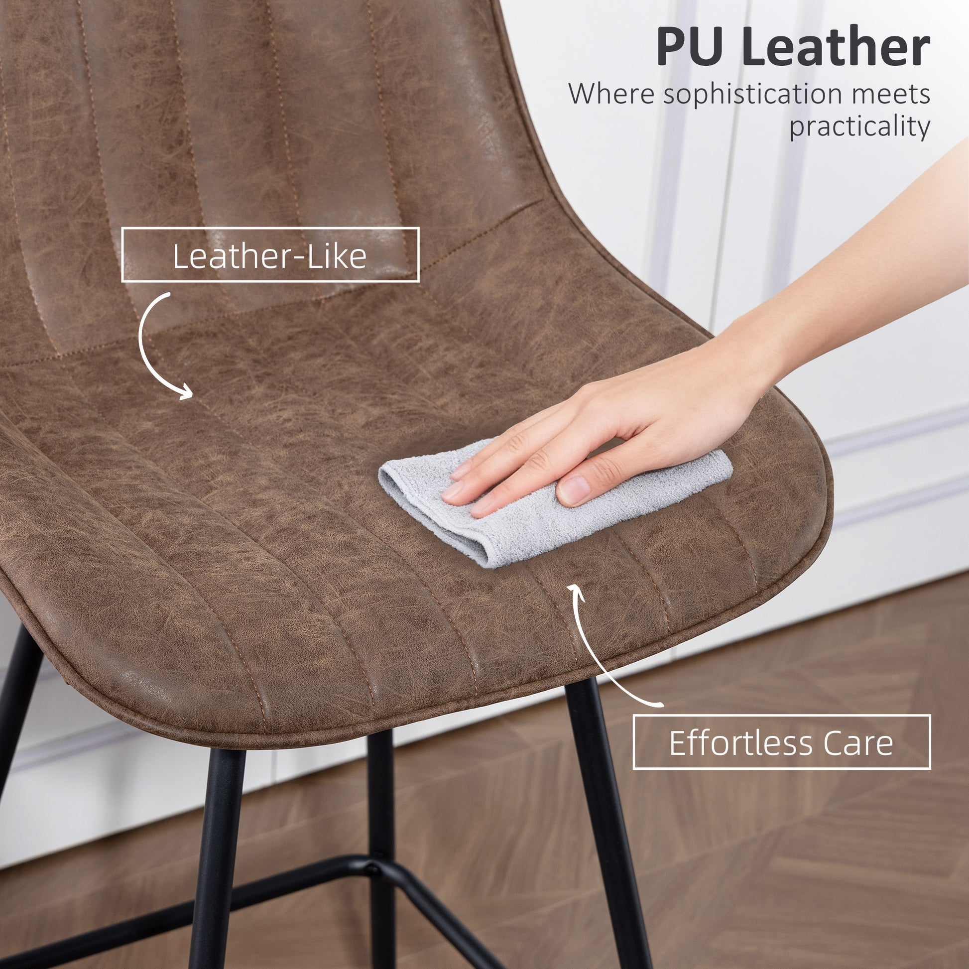 HOMCOM 2-Pack Counter Height Bar Stools, Brown PU Leather, Steel Legs