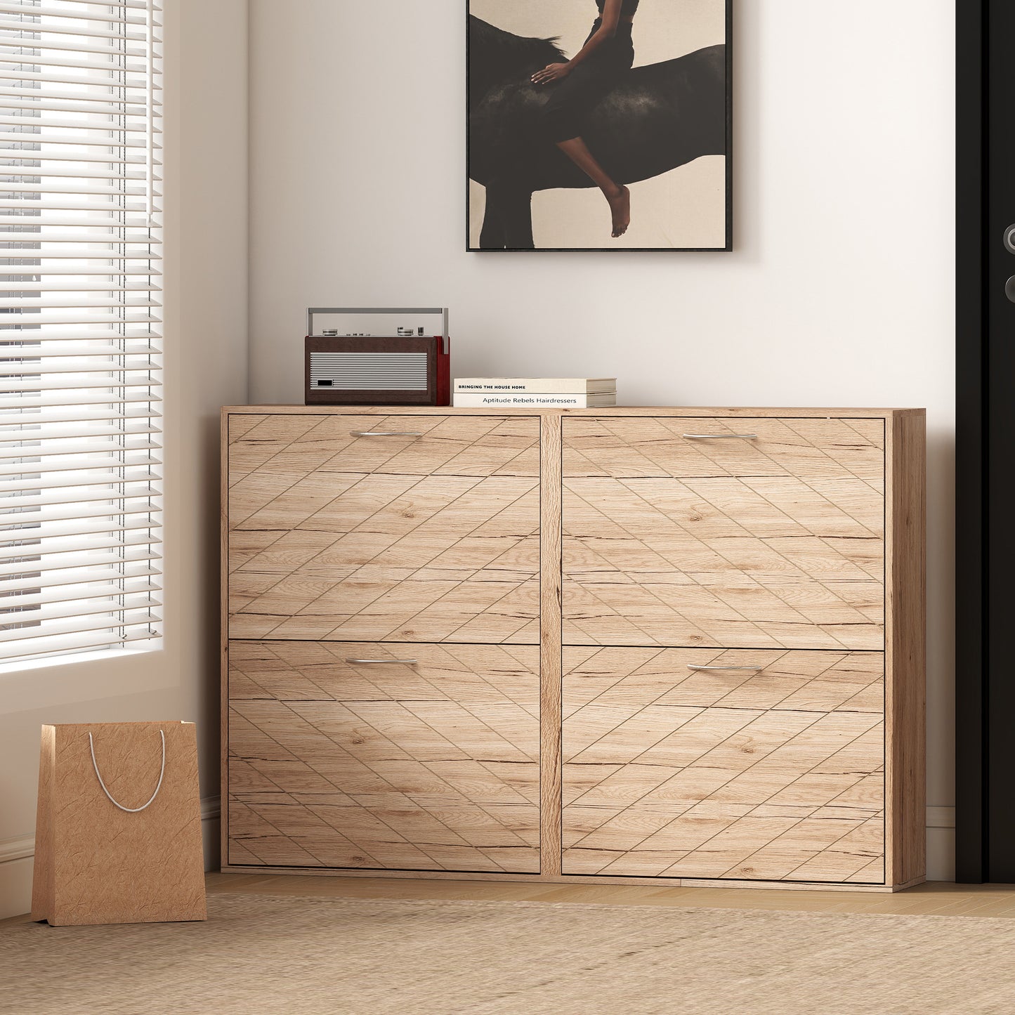 HOMCOM Slim Oak 4-Drawer Shoe Cabinet for 12 Pairs, Entryway Storage