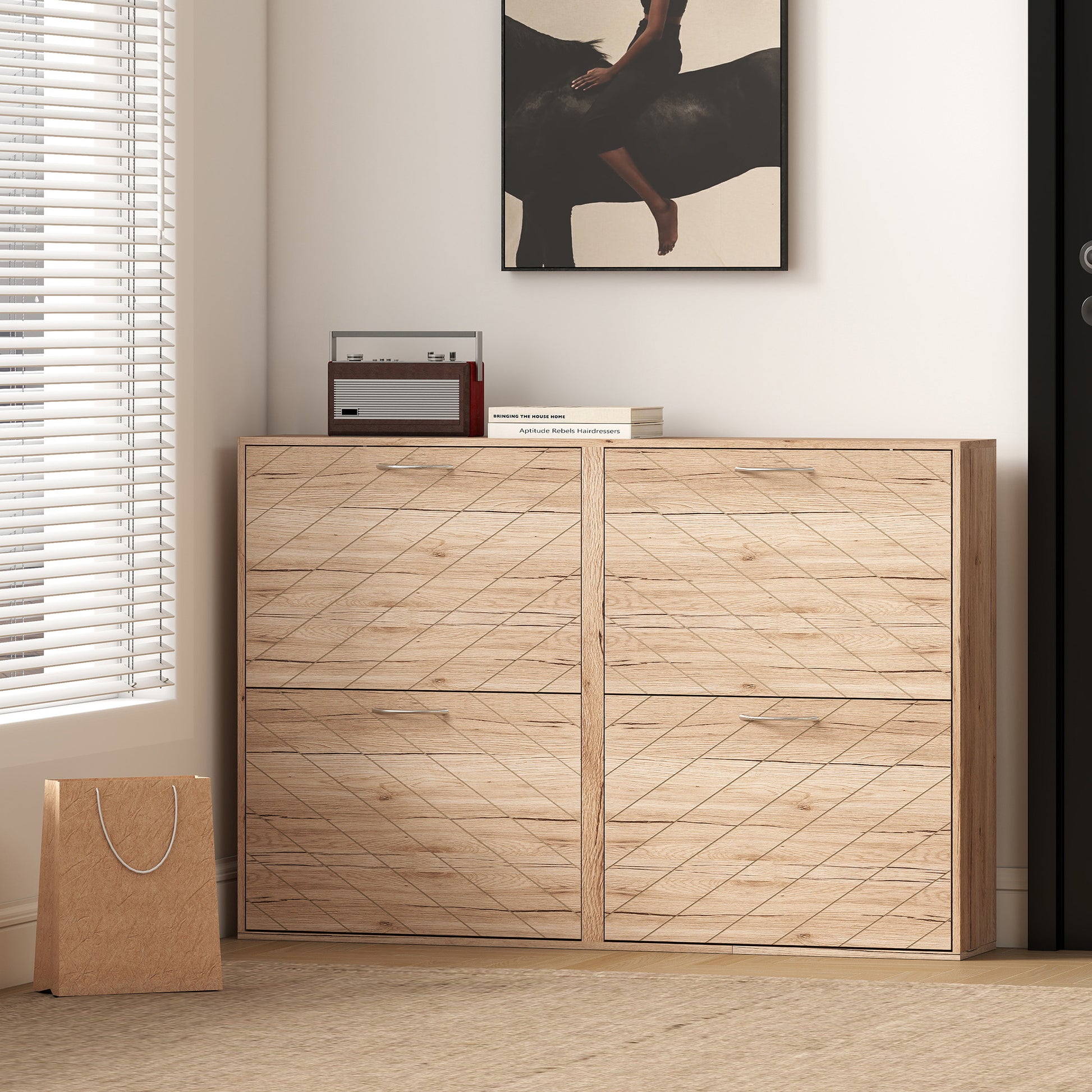 HOMCOM Slim Oak 4-Drawer Shoe Cabinet for 12 Pairs, Entryway Storage