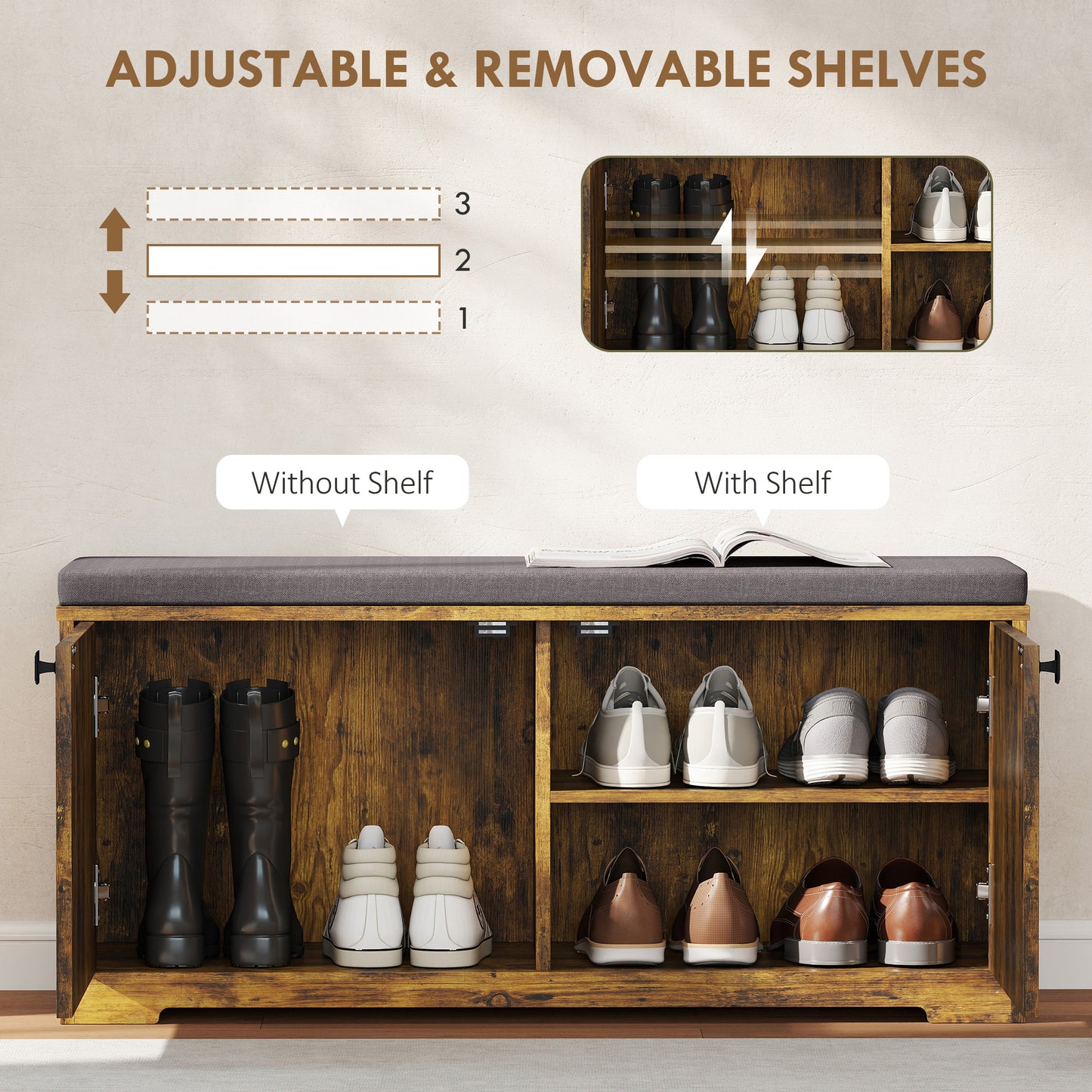 HOMCOM Rustic Brown Entryway Shoe Storage Bench with Padded Seat, Holds 8 Pairs