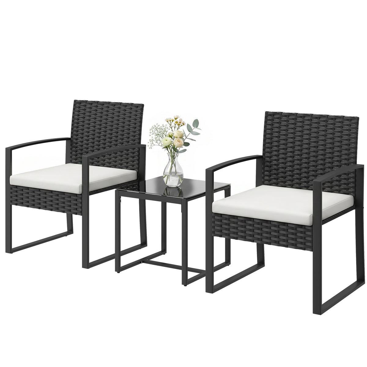 Outdoor Bistro Set, 3 Piece Wicker Patio Furniture Set with Glass Top Table and Cushions for Porch, Balcony – Cream White