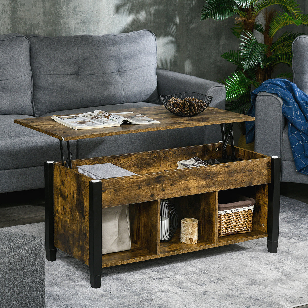 41" Lift-Top Coffee Table with Hidden Compartment and 3 Open Shelves