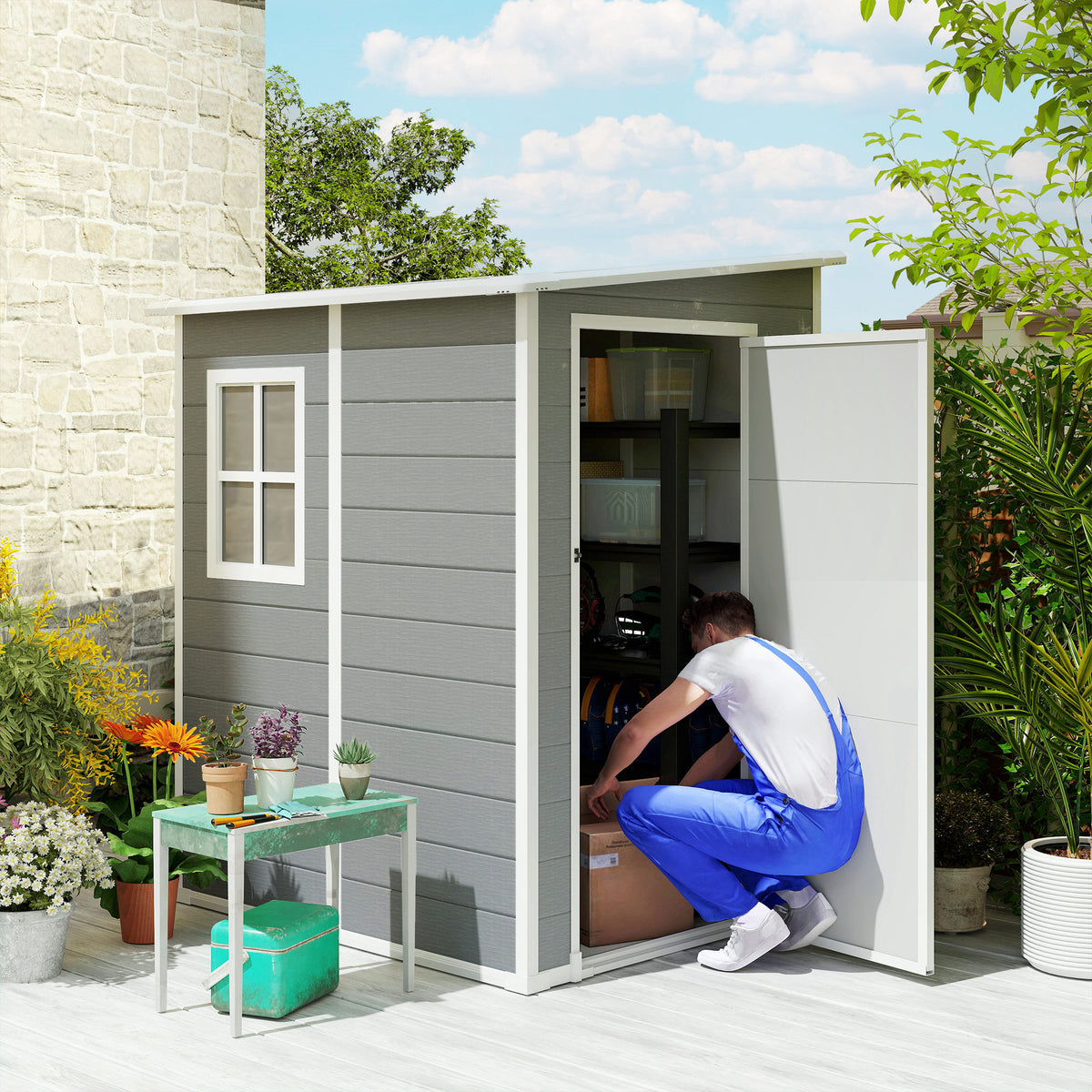 4'x5' Garden Storage Shed, Lean to Shed, Lockable Garden Tool Storage House with Window, Vent – Grey