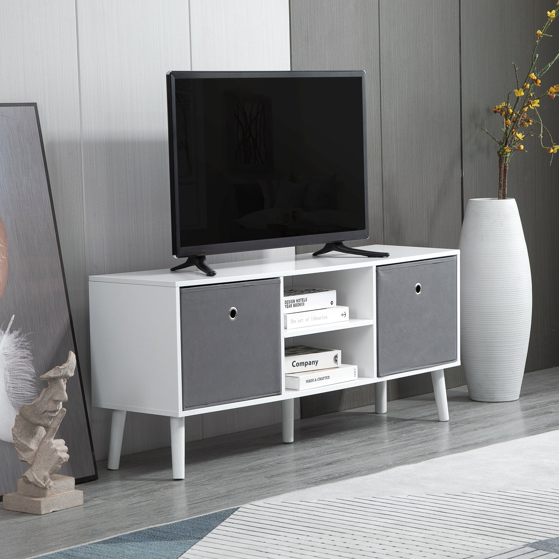 Modern TV Stand Cabinet with Foldable Grey Fabric Drawers and Shelves