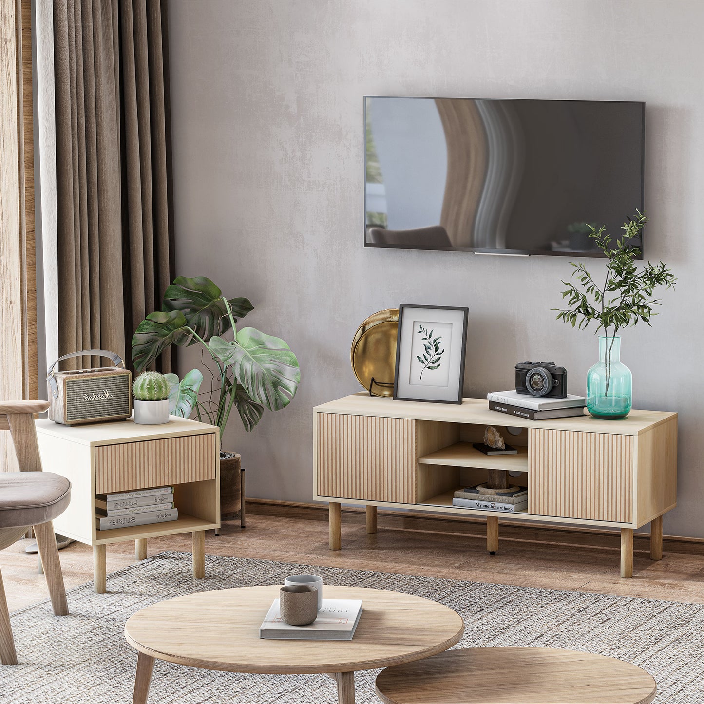 HOMCOM Modern Natural Wood Bedside Table with Drawer, Open Shelf Storage