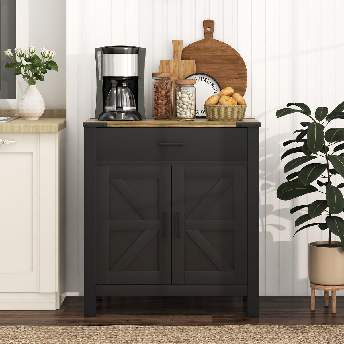 Farmhouse Kitchen Storage Cabinet with Drawer and Shelf – 31"W x 33"H