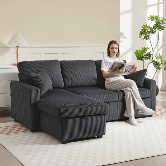 81" Corduroy Pull-Out Sofa Bed with Storage Chaise