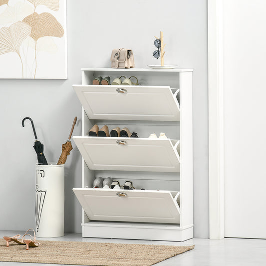 HOMCOM Narrow White Wooden Shoe Cabinet with 3 Flip Drawers